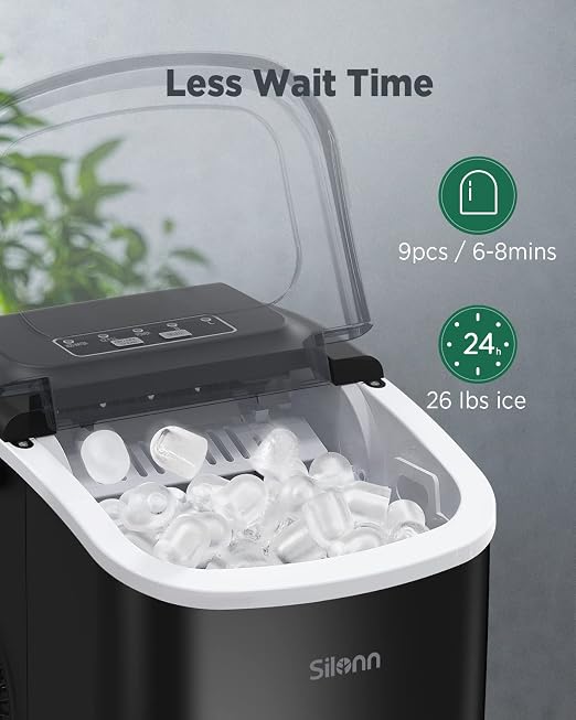 Silonn Ice Makers Countertop, 26Lbs/24H, Self-Cleaning Ice Machine, 9 Cubes Ready in 6 Mins, 2 Sizes of Bullet Ice, Ice Makers for Home Kitchen Office Bar Party, Black