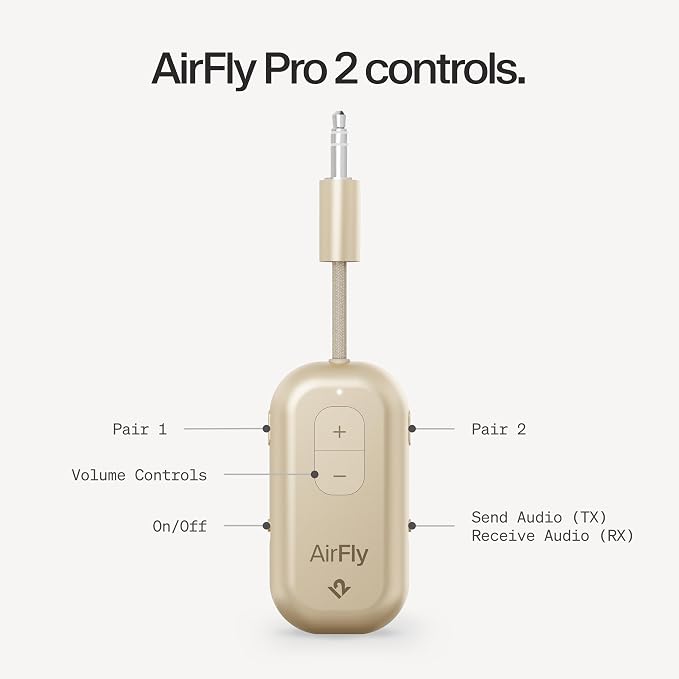 Twelve South AirFly Pro | Bluetooth Wireless Transmitter/Receiver Adapter for 2 Headphones, Audio Sharing, Compatible with 3.5mm aux Jack for Airplanes, TV, Gym, Stereo, and Travel, Gold
