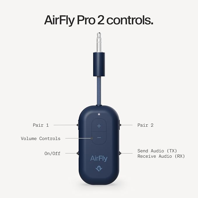Twelve South AirFly Pro 2 Bluetooth 5.0 Transmitter/Receiver for TV to 2 Wireless Headphones – Wireless Adapter for AirPods, Car, Gym, Home, Use with Any 3.5 mm Audio Jack, Blue