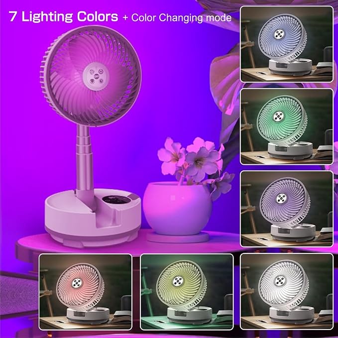 Foldable Oscillating Pedestal Fan with Remote, 8" USB C Rechargeable 20000mah Battery Fan with LED Colorful Lights, Portable Floor Standing Fan Camping Fan for Bedroom Office Travel White