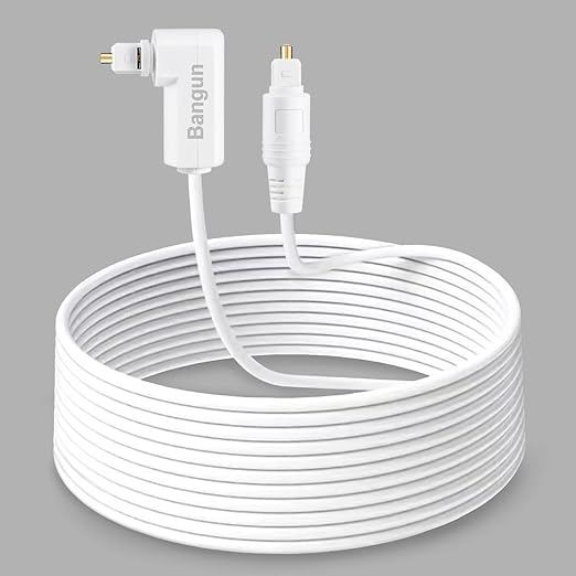 65 feet White Optical Audio Cable, Slim 90 Degree Digital Audio S/PDIF Toslink Cord, Right Angle Fiber Optic Audio Cable for Sound Bar/TV/PS4/Xbox/Home Theater