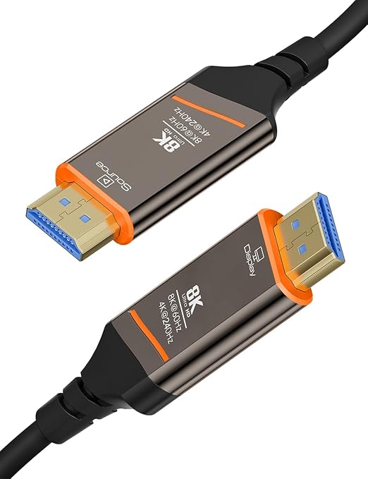 Fiber Optic HDMI Cable 15FT, 8K HDMI 2.1 Cable, High-speed 48Gbps, Support 8K@60Hz, 4K@240Hz, Dynamic HDR, eARC, HDCP 2.2, 2.3, Gold-Plated Connector & Zinc Alloy Shell, for PS5 Xbox TV Laptop Monitor