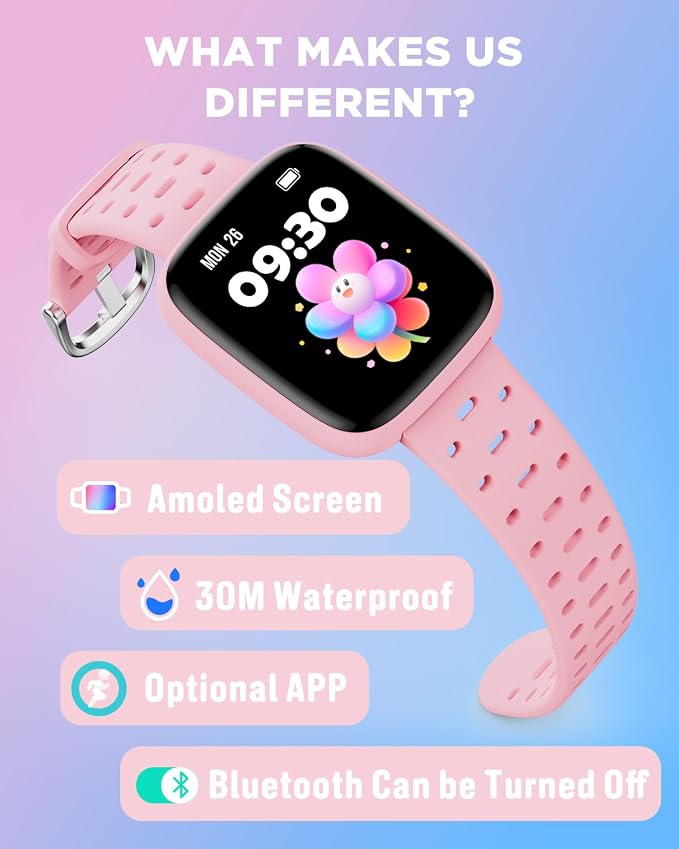 BIGGERFIVE Kids Watch No Phone Needed, 1.8" Amoled Smart Fitness Watch Pedometer, Heart Rate, Sleep Tracker, 30m Waterproof, Step Counter, Puzzle Games, 100+ Dials, Gifts for Girls 5-16, Pink