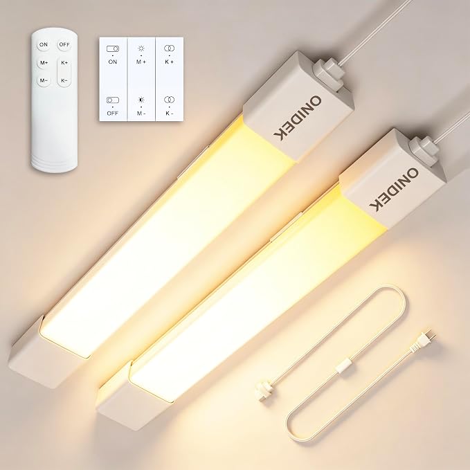 ONIDEK Under Cabinet Lights with Plug. 2700K-6500K Dimming and Color. with Wireless Control Panel and Remote Control.25W 2500LM for Garage, Kitchen, Bathroom, Closet, Office (36 inch-2PCS)