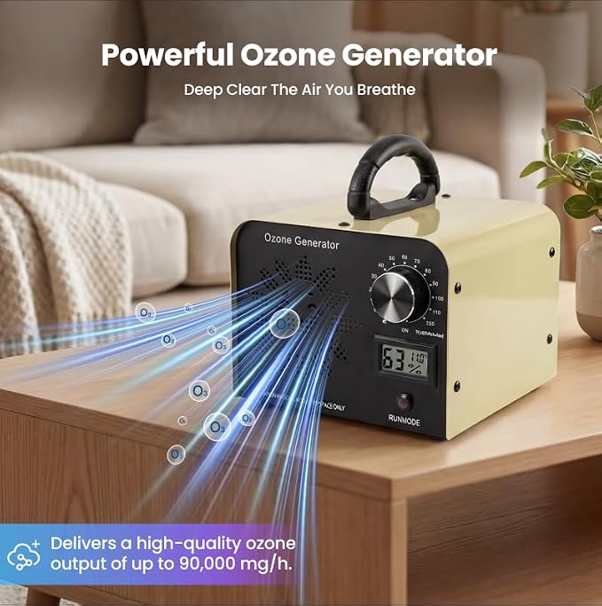 Ozone Generator 90,000mg/h with Temp/Humidity Display, High Capacity Output Portable Ozone Machine Odor Removal, Ozone Air Purifier for Rooms, Smoke, Cars and Pets, Ozone Machine up to 4000sq.ft