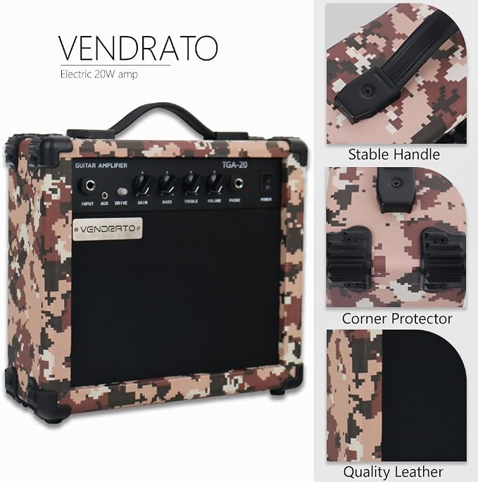 Electric Guitar Amp Pixel Mosaic Color 20W 6.5Inch Speaker Portable Size Input Jack Aux Drive Gain Bass Treble Volume Headphone Multi Function Suitable for Beginner Starter Practice in Home Outdoor