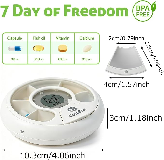 Bluetooth Auto Weekly Pill Organizer with App Alerts & Alarm, Travel Medicine Pill Dispenser with Clear Lid & LCD, Tracks Adherence History, Large Compartment for Vitamins, Supplements, Prescriptions