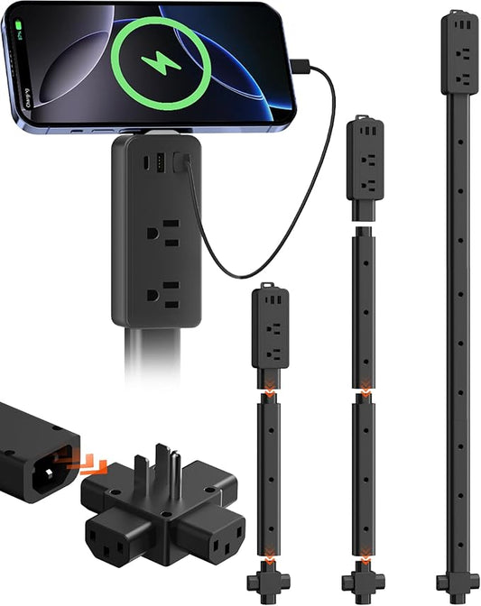 Electrical Outlet Extender Stick Black with 4-Way Flat Plug | Extends 8"-36" | Outlet Extender with 2AC Outlets, 2USB-A & 1USB-C Ports | Socket Expander Access Hard-to-Reach Outlets Bed Sofa Behind