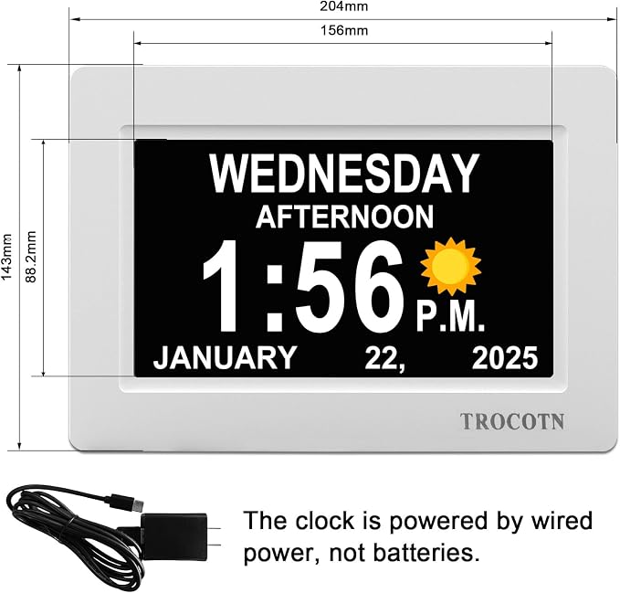 TROCOTN Dementia Clocks, Large Display Calendar Alarm Clock with Auto DST for Seniors, 5 Display Modes Large Font Digital Clock with Custom Alarms Day Date Clocks. (7 Inch White)