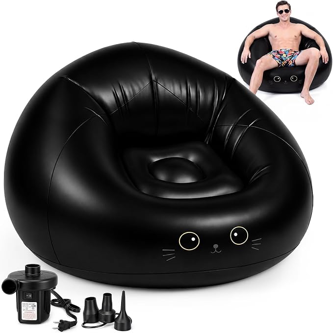 Capoda 1 Pcs Inflatable Bean Bag Chair with Air Pump - Black Cat Blow up Beach Chair Folding Portable PVC Lazy Sofa Inflatable Seating for Adults Gaming Camping Movie Party Supplies