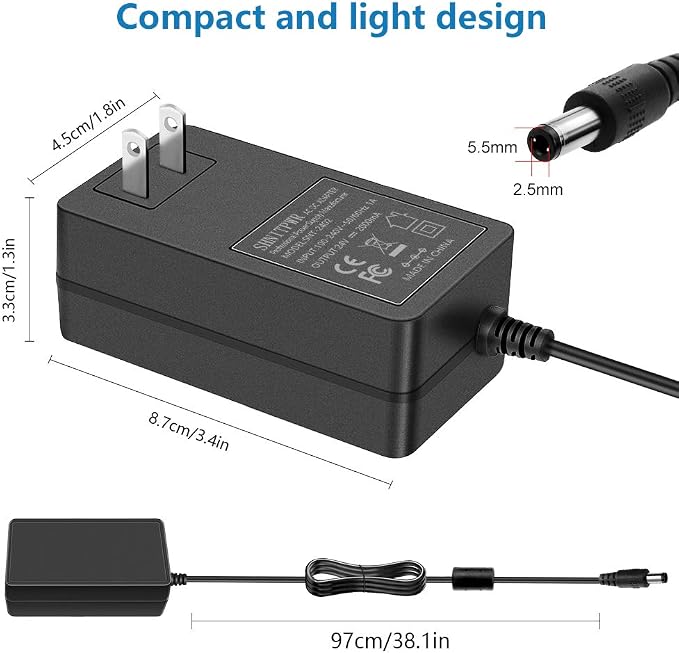 SHNITPWR 24V DC Power Supply Adapter 24 Volt 2A 48W AC to DC Converter Transformer 100~240V AC Input with 5.5x2.5mm DC Tip for 5050 3528 LED Strip 3D Printer CCTV Security System LCD Monitor