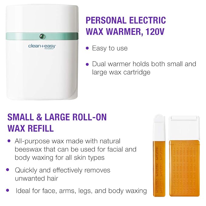 Clean + Easy Roll on Wax Kit – Hair Removal System with Dual Electric Warmer, Cartridges & Strips, At-Home Wax Roller Kit, 120V