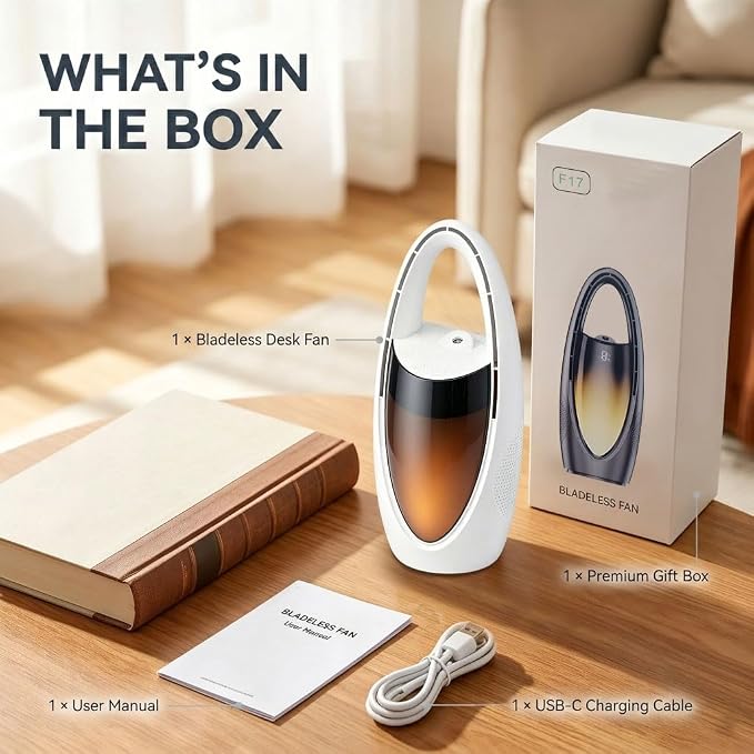 Bladeless Desk Fan with Misting, Rechargeable Quiet Personal Fan, Portable Table Fan with Night Light, 9H Timer 60° Oscillation Cooling Fan for Bedroom Office Home - Space Capsule Design (white)