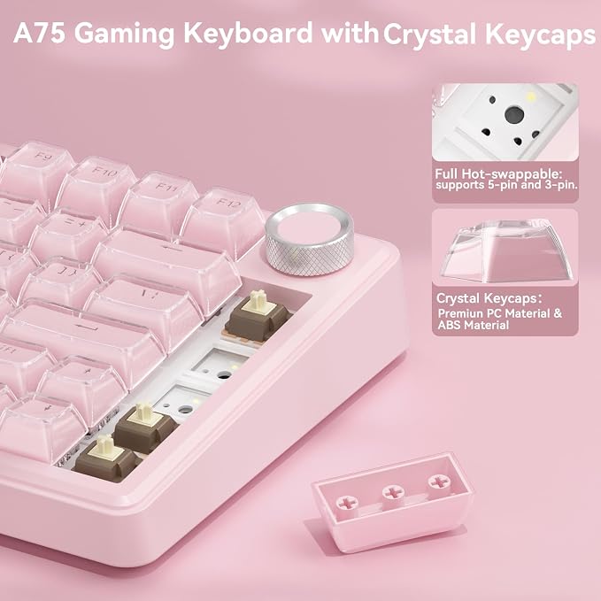 SOLAKAKA A75 Wireless Gaming Keyboard with Multifunction Knob, BT5.0/2.4GHz/USB-C, 75% Mechanical Keyboard, Hot-Swappable, Gasket Creamy Keyboard with RGB Backlit, Crystal Keycaps, for PC/Mac/PC