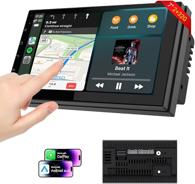 Haudio 7 Inch Double DIN Car Stereo, Wireless Apple CarPlay & Android Auto, Android 13 Touchscreen Car Radio with GPS Navigation, 2GB+32GB, Steering Wheel Control, No Backup Camera