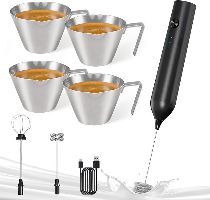 YARRAMATE Milk Frother Wand Handheld & 4 Pcs Stainless Steel Espresso Cups