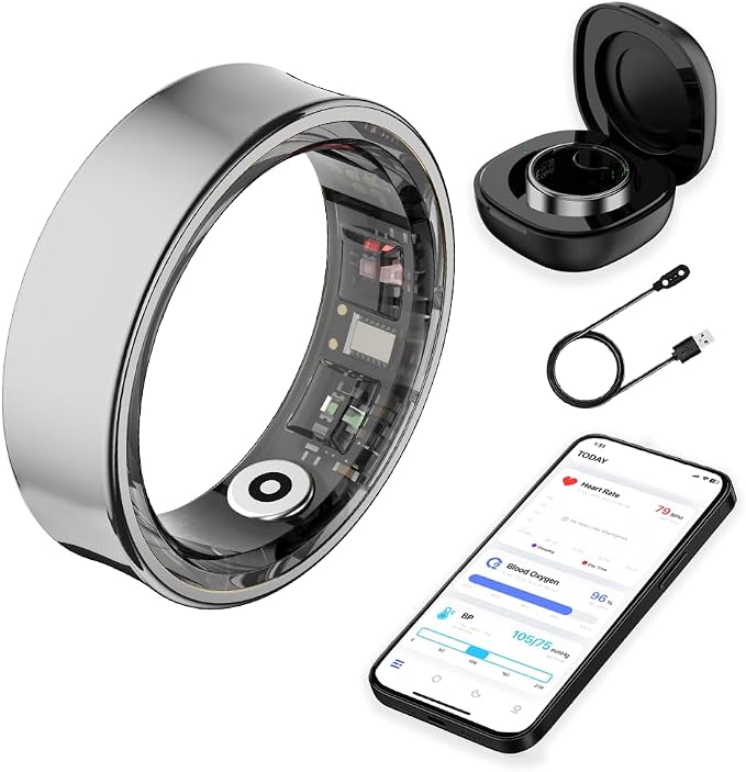 Smart Ring for Women & Men - Heart rate, Blood oxygen, Sleep Tracker | Waterproof IP68 | 12-Day Battery | Heart Rate, Steps, Calories Monitor | Comfort Fit Wearable Tech Accessory Ring (Silver, 9)