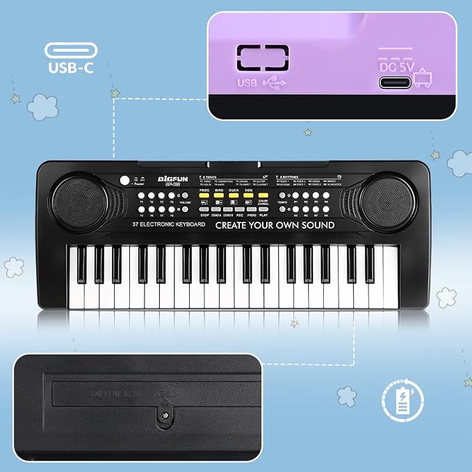 Keyboard Piano for Kids, BIGFUN 37 Keys Toddler Piano Multifunction Music Educational Instrument Toy, Electronic Kids Keyboard Set for 3-7 Year Old Girls and Boys (2PCS, Purple + Black)