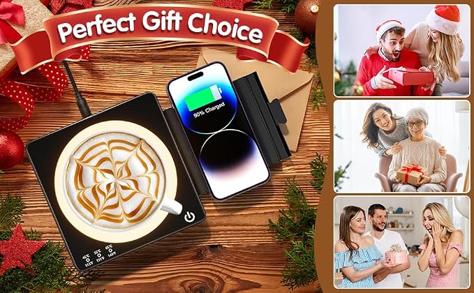 Coffee Mug Warmer, Smart Mug Warmer, 15W Wireless Phone Charging, 3 Heat Settings Temperature Controlled, 8H Auto Off, Candle Warmer, Safe for Heating Coffee, Beverage, Milk, Tea