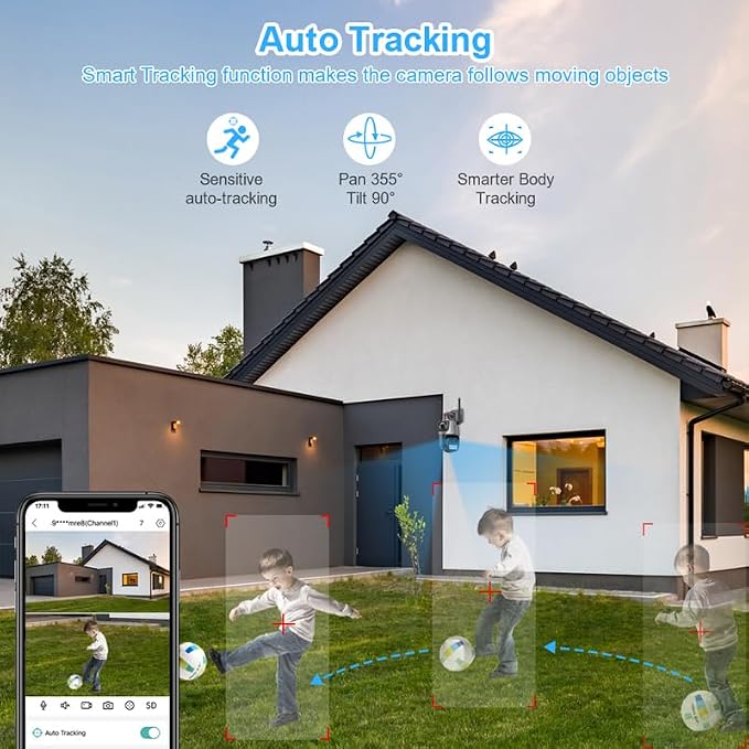 PTZ WiFi Outdoor Security Wireless 2X3MP Dual Lens Linkage Human Detect Pan tilt Digital Zoom Auto Tracking Home Surveillance Camera Two Way Audio Color Night Vision ICsee
