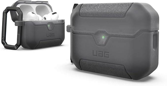 URBAN ARMOR GEAR UAG Designed for AirPods Pro 3rd Gen Case, Translucent Rugged Military Grade Drop Proof Protective Cover with Detachable Carabiner Clip & Secure Lip Closure, Scout Smoke