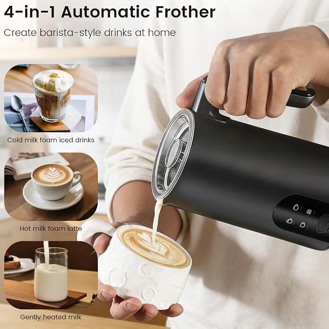 Automatic Milk Frother, 4-in-1 Multifunctional Hot and Cold Foam Maker with Premium Stainless Steel, Fast & Quiet Milk Frother and Warmer for Perfect Latte, Cappuccino and Hot Chocolate