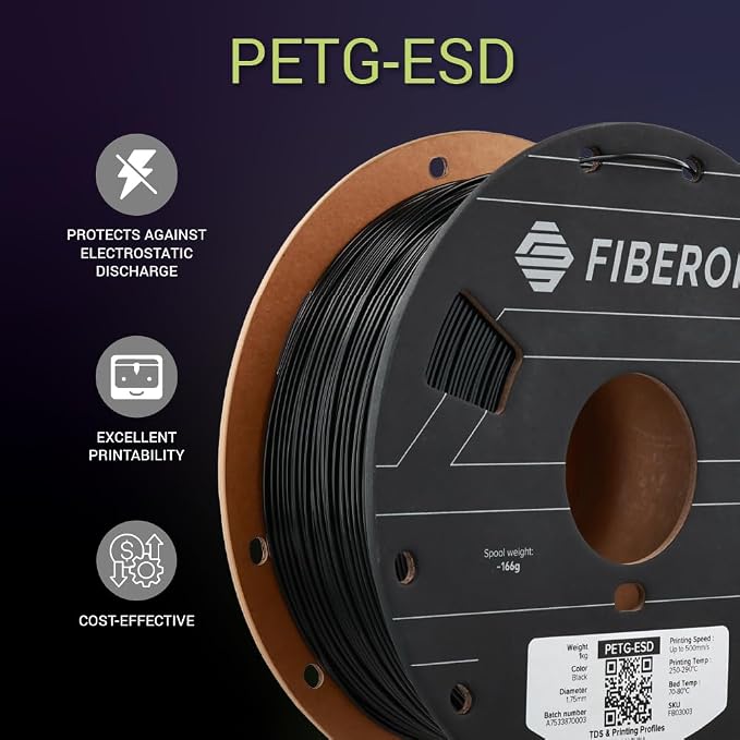 Polymaker Fiberon PETG-ESD Filament 1.75mm Black 1kg – Electrostatic Discharge Safe, Tough PETG 3D Printer Filament for Electronics Industry