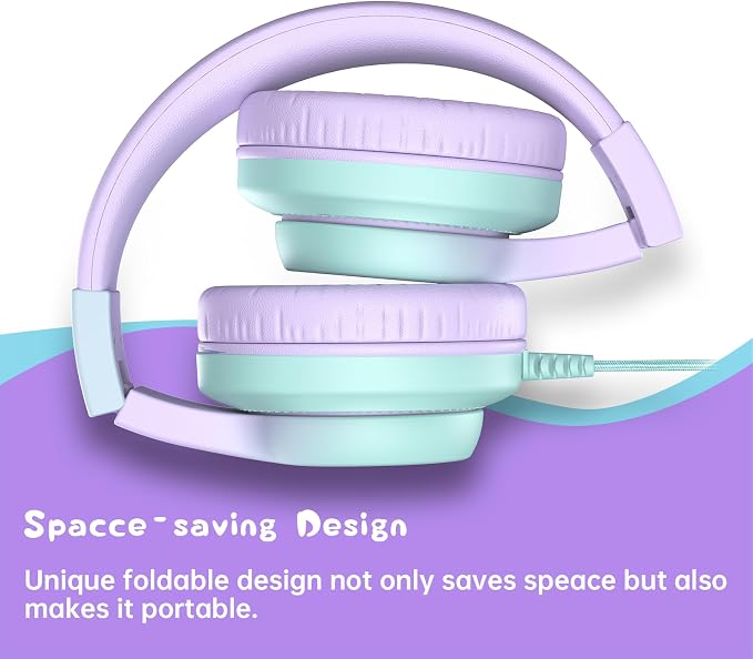Candy Bila Kids Headphones, Wired Headphones for Kids Over Ear with Microphone, Foldable Headphone for Learning & Entertainment, Gradient Purple