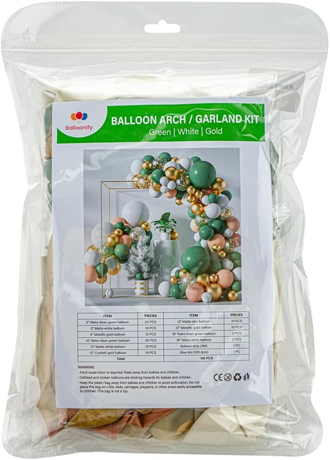 Restaurantware-Balloonify Balloon Garland Set, 1 Party Decoration Kit - 114 Balloons, With Chain, Green, White, & Gold Latex Balloon Arch Kit, Includes Glue Dots