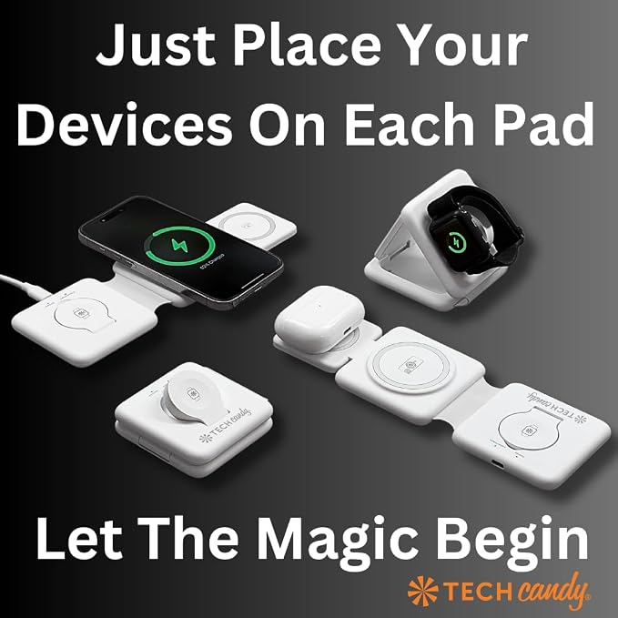 Tech Candy The Three Way Charging Valet Wireless Charging Pad - Charge 3 Devices at Once, Compact, Qi Charger for Travel, Foldable, 20W, Fast, for Phones, Ear Buds, Smart Watches