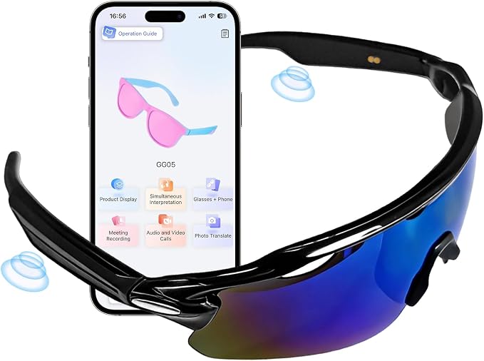 Bluetooth Smart Sunglasses for Men Women, Open-Ear Speaker Glasses with Touch Control, UV400 Polarized Lens, 5-6H Playtime for Outdoor Sports,Black and Blue