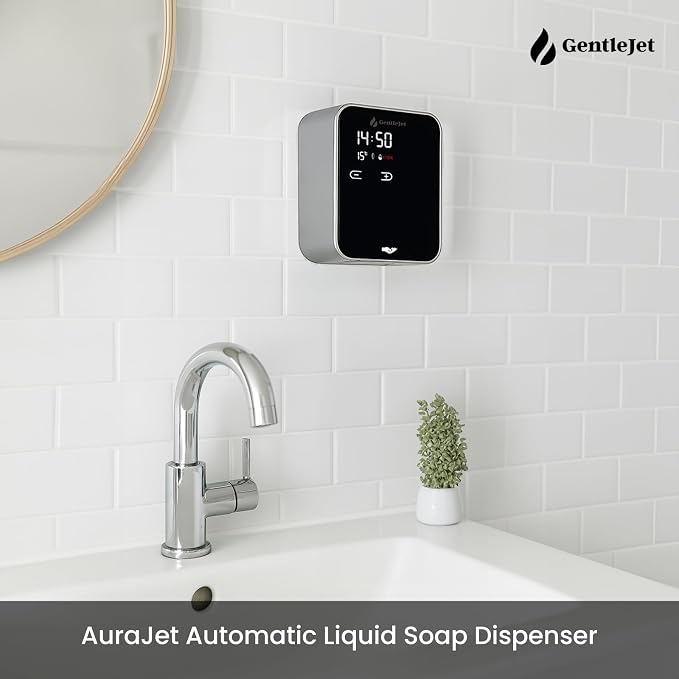 GentleJet AuraJet Automatic Liquid Soap Dispenser Wall Mount – Touchless Sensor, LED Display, 5 Adjustable Levels, Rechargable USB-C or Battery Powered, Aluminum Alloy, 480 ml Refillable