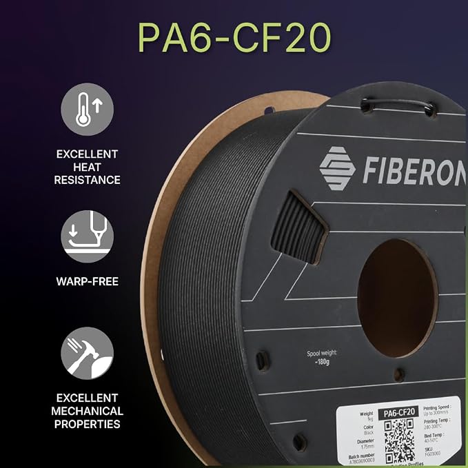 Polymaker Fiberon PA6-CF20 Carbon Fiber Nylon Filament 1.75mm Black 1kg, Fiberon PA6-CF20 Nylon Warp Free 1.75mm 3D Printing Filament