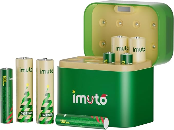 imuto AA & AAA Rechargeable Battery Kit with 8-Slot USB-C Charger | 4 Pcs 3600mWh AA, 4 Pcs 1300mWh AAA, Christmas Style Charger Compatible with NiMH & Li-ion, Ideal for home electronics