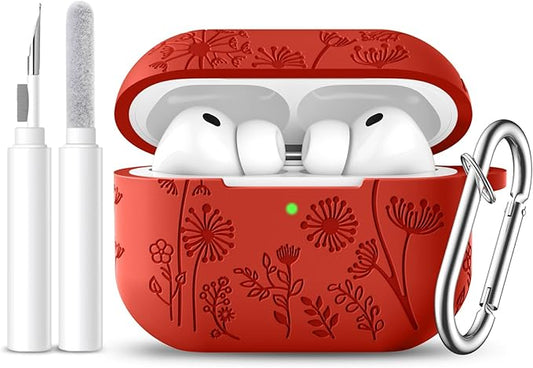 Lerobo for AirPods Pro 3 Case with Cleaner Kit, Engraved Soft Silicone Skin-friendly Cover Compatible with Apple AirPod Pro 3 2025 Case with Keychain & Lanyard for Women and Men,Wireless Charging, Red