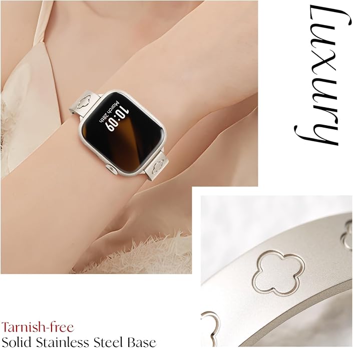 Missair Compatible with Apple Watch Band 38mm 40mm 41mm 42mm 44mm 45mm 46mm 49mm, Four Leaf Lucky Bracelet Women Dressy Stainless Steel Metal Clover Strap for iWatch Series 11 10 9 8 7 6 5 4 SE Ultra
