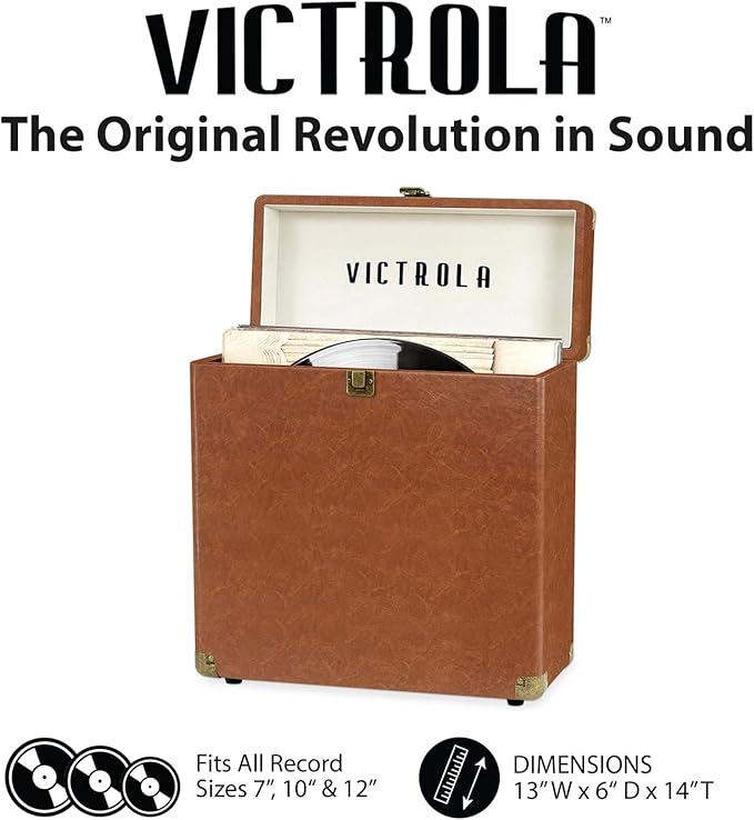 Victrola Collector – Record Storage Case – Holds 30+ Vinyl Turntable Records, Heavy-Duty Hardware, Hinges, & Smart Metal Corners, Portable with Easy-Carry Handle (Brown)