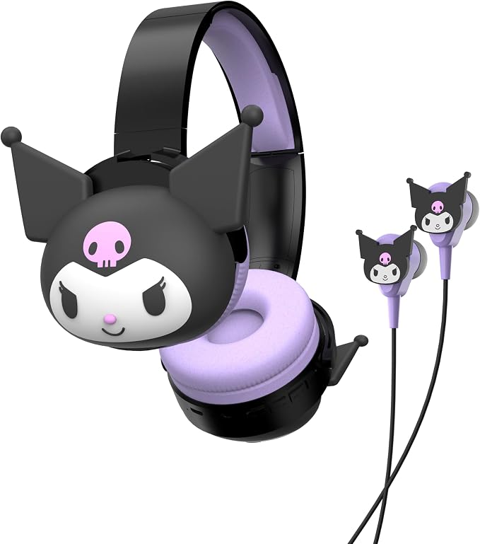 Hello Kitty 2-in-1 Wireless Bluetooth Headphones with Wired Earbuds – Foldable Over-Ear Headset with Built-in Mic, AUX Cable, Adjustable Headband, and Onboard Controls – Kuromi