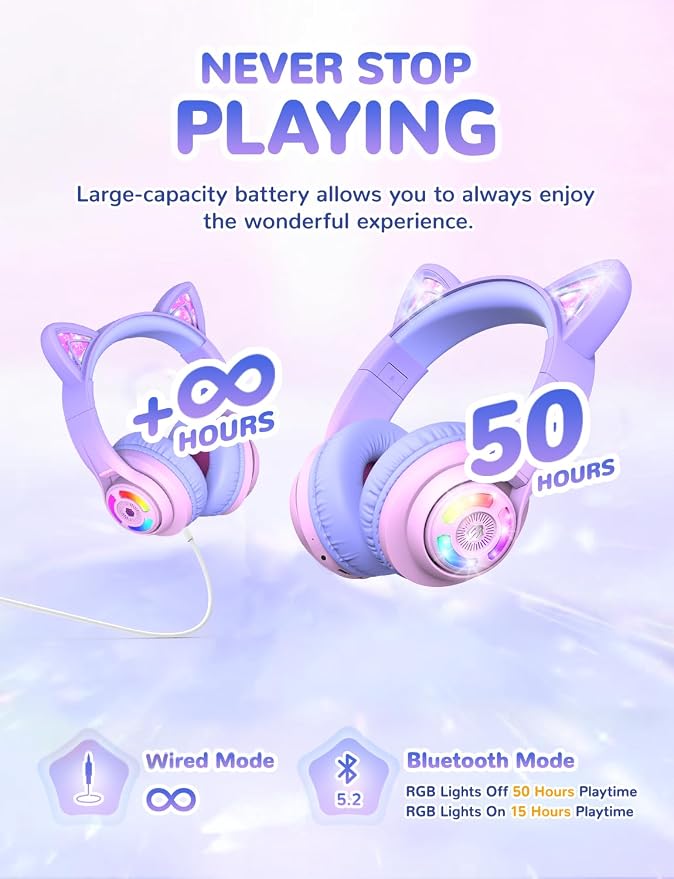 iClever Cat Ear Kids Bluetooth Headphones, LED Lights Up, 74/85dBA Volume Limited, 50H Playtime,Bluetooth 5.2, USB C, Kids Headphones Wireless for Travel iPad Tablet, Meow Macaron-Gradient Pink