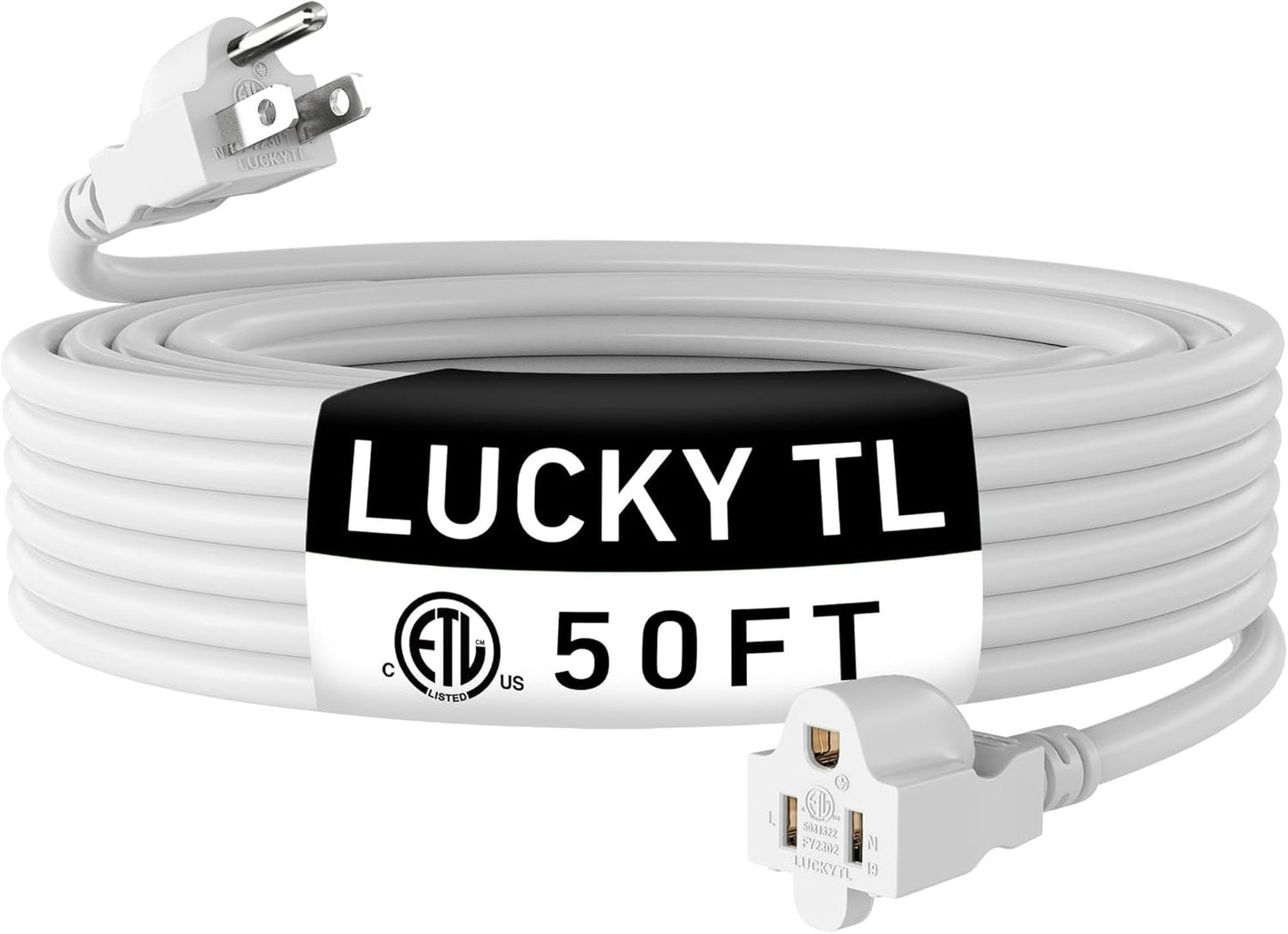 LUCKY TL Indoor Outdoor Extension Cord, 16/3 Gauge White Long Extension Cord 50ft, Waterproof Flexible Case, Made of Pure Copper, 13A 1625W 16AWG SJTW, 3 Prong Heavy Duty Wire, ETL