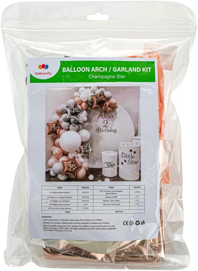 Restaurantware-Balloonify Balloon Garland Set, 1 Party Decoration Kit - 126 Balloons, With Chain, Champagne Star Latex Balloon Arch Kit, Includes Glue Dots And Ribbon- Restaurantware