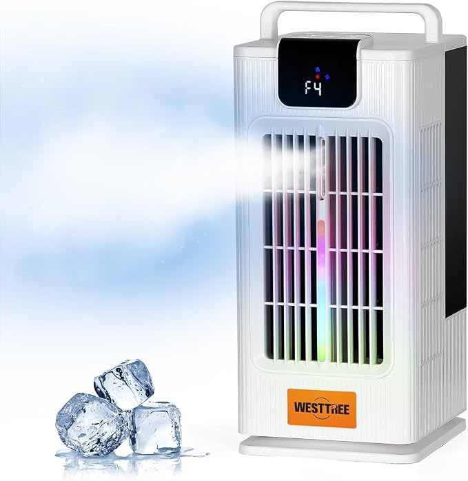 WESTTREE 14inch Portable air conditioners Misting Fan,120°Oscillating mini Air Conditioner,Desk air 3 Level Humidify 4 Speeds, 7 RGB Color Night Lights Desktop Portable Air Conditioners for Bedroom