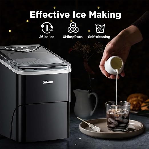 Silonn Countertop Ice Maker, Auto-Cleaning Portable Ice Machine with Ice Scoop and Basket, 26lbs in 24Hrs, 9 Ice Cubes Ready in 6 Mins, 2 Sizes of Bullet Ice for Home Party