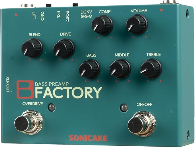 SONICAKE Bass Pedal with Overdrive Analog Preamp Compression Effects Pedal and 3-Band EQ Via Pre/Post Selection with XLR Output - B Factory