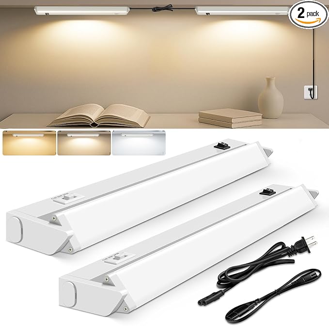 ALUSSO Under Cabinet Lighting, 12 Inch Linkable LED Under Cabinet Lights with Plug, 150° Swivel Light Bar, 3 Color Temperatures (3000K/4000K/6500K), 8 W 640 Lumen, for Kitchen Counter, Closet - 2 Pack