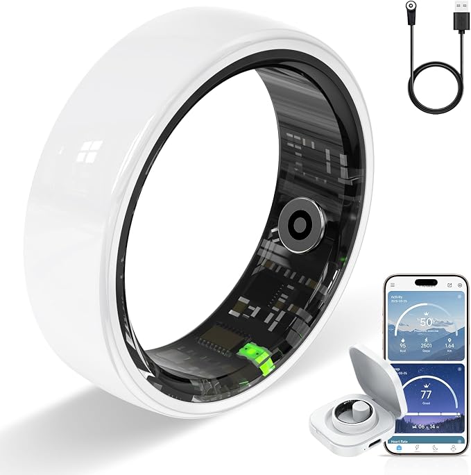 Smart Ring, Ceramics Fitness Tracker & Health Monitoring Ring with Heart Rate/SpO2/HRV/Sleep Tracking, Multi-Sport Activity Tracker, 5ATM Waterproof, iOS Android Compatible (White, 8)