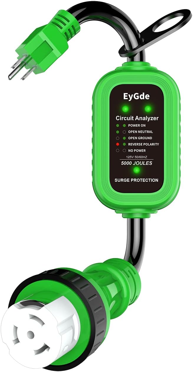 EyGde 50 Amp to 15 Amp 110 RV Adapter with Surge Protector, Patented 5000J 15 Amp Male to 50 Amp Adapter with Twist Locking Connector, Circuit Analyzer Voltage Protector for Camper Trailer, Green