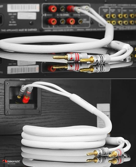 Nakamichi Excel Series 24k Gold Plated Banana Plugs with Speaker Cable Wire 99.9% Oxygen-Free Copper (OFC) Heavy Duty Braided for Amplifier Hi-Fi Home Theatre - White (12 AWG / 15 feet / 4.5m)