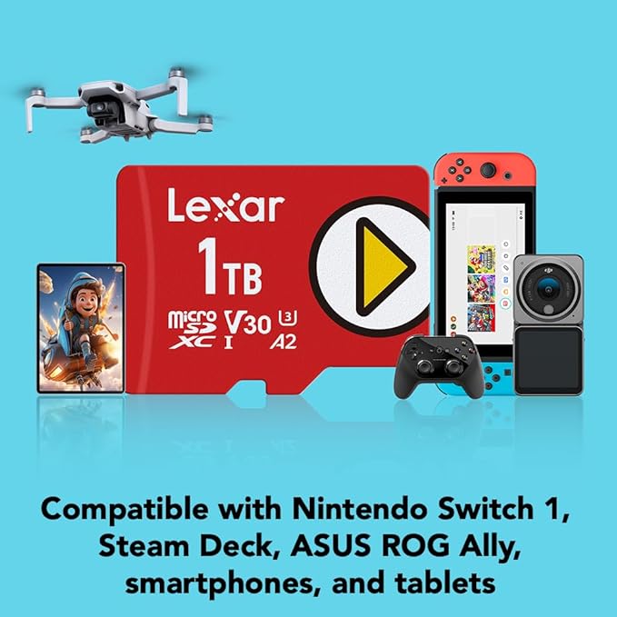 Lexar 1TB Play Micro SD Card, UHS-I, C10, U3, V30, A2, Full HD, 4K, Up to 205/140 MB/s microSDXC Memory Card, Expanded Storage for Nintendo-Switch 1, Gaming, Smartphones, Tablets (LMSPLAY001T-BNSNU)