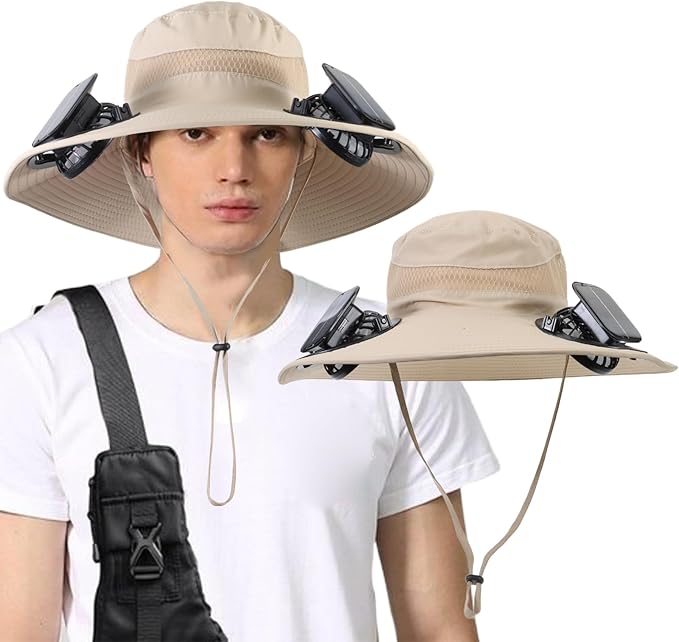 Outdoor Solar Powered Fan Hat for Men Women Breathable Wide Brim Hat with 2 Fans UPF 50+ Fishing Hat Beach Bucket Sun Hat